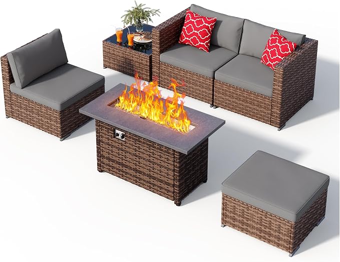 Aiho 6 Piece Outdoor Patio Furniture Set with 45'' Fire Pit Table, Wicker Outdoor Conversation Set Sectional Sofa with Coffee Table for Backyard, Poolside, Garden, Grey