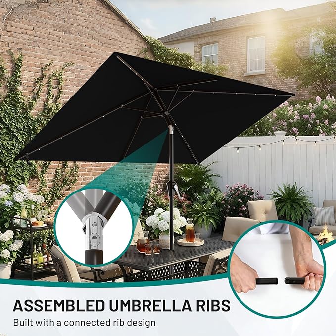 AreShark 6.5' x 10' Rectangular Patio Umbrella with Solar Lights, Solar Powered Lighted Market Umbrella w/Tilt and Crank, Outdoor Table Umbrella for Garden, Deck, Backyard, Pool and Beach, Black