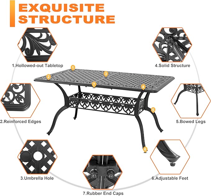 NUU GARDEN 7 Pieces Outdoor Patio Dining Sets, Cast Aluminum Rectangle Patio Table with Umbrella Hole and 6 Bistro Chairs, Armrest Dining Chairs and Bistro Table for Balcony, Backyard, Black