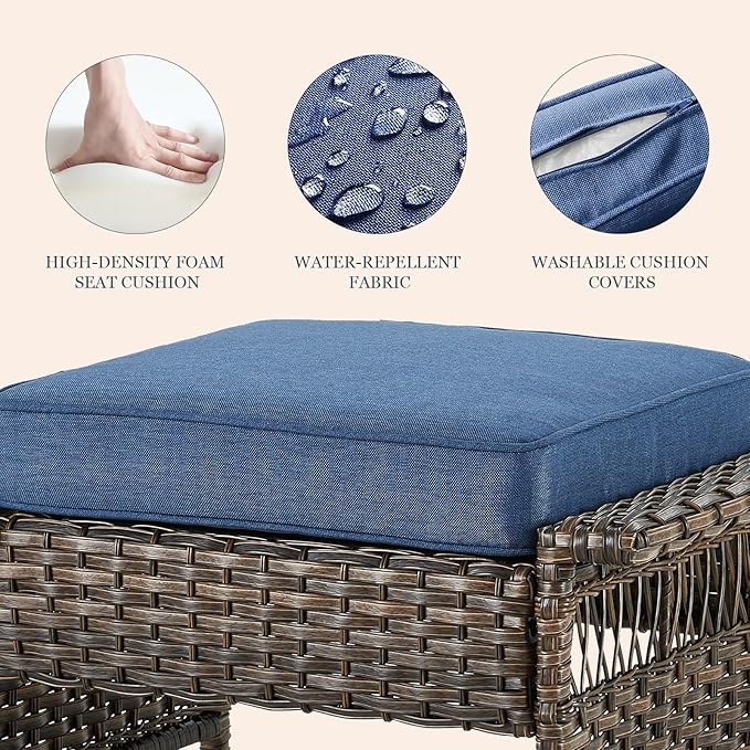 Patio Furniture Set 2 Wicker Patio Chairs with 2 PE Rattan Ottomans Brown Wicker Blue Cushions Patio Conversation Set 4pcs for Garden Balcony Sunroom Backyard Poolside