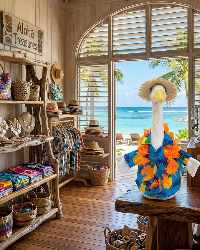 Summer Porch Goose Outfits Hawaiian Style with Straw Hat & Orange Wreath, 23" Blue Shirt Lawn Cement Goose for Spring Summer, Patio Yard Garden Geese Decoration Gift for Mom Father Grandma