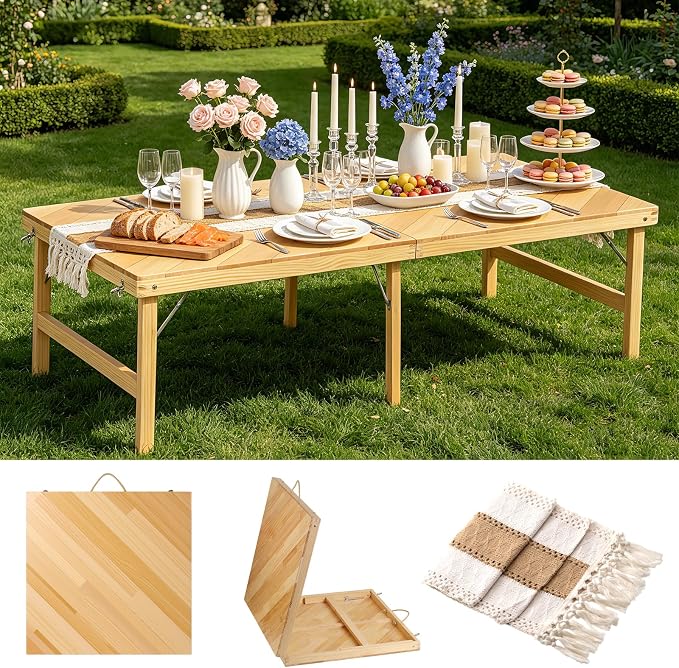 Folding Picnic Table, 5 Ft Solid Wood Low Floor Portable Picnic Table with Boho Table Runner for Indoor & Outdoor, Patio, Beach, Kids, Party, Garden, Camping, Wedding, Travel