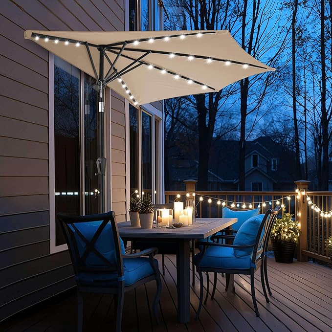 9FT Solar Half Umbrellas Outdoor - LED Half Patio Umbrella with 25 Lights, UV Protection Waterproof, Half Round Umbrella for Wall Balcony, Pool, Porch, Garden, Deck, Backyard, Beige