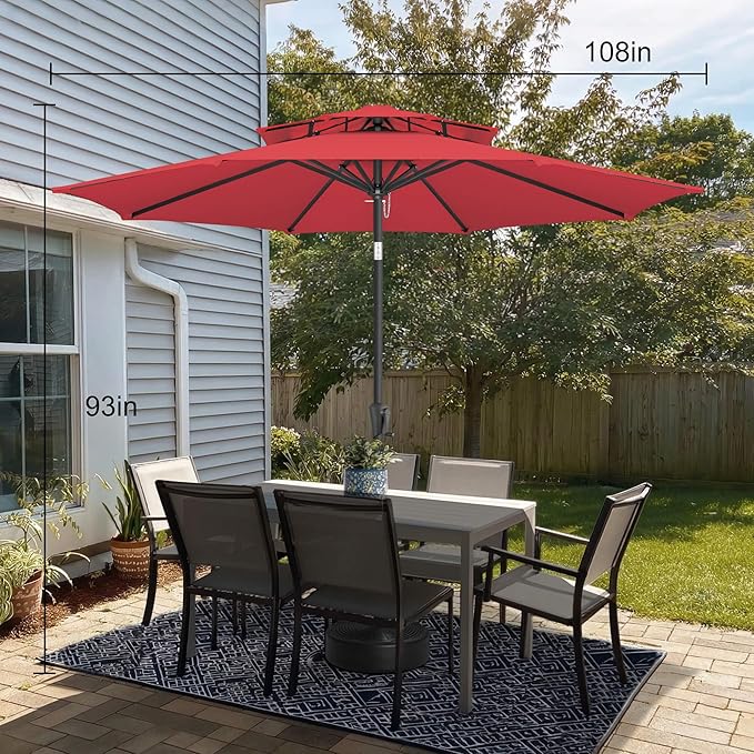 9FT Outdoor Patio Umbrella - 2 Tiers Table Umbrella Waterproof UV Protection, Sombrillas de Patio with Push Button Tilt, Sun Umbrella for Pool, Porch, Garden, Backyard (Red)
