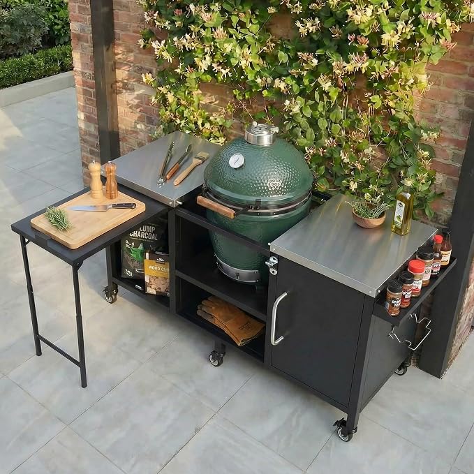 72.4" Large Grill Table for Large Big Green Egg,Metal Outdoor Grill Cart with Fold-out Prep Table,Adjustable Shelves,Spice Rack,Outdoor Kitchen Island for Big Green Egg,Kamado Joe Classic (Black#23)