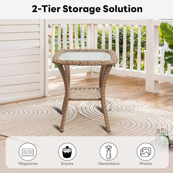Belord Small Outdoor Side Table - 50 LBS Weight Capacity Wicker Side Table with Storage, Tempered Glass Top Patio Side Table for Porch Balcony Deck Yellow