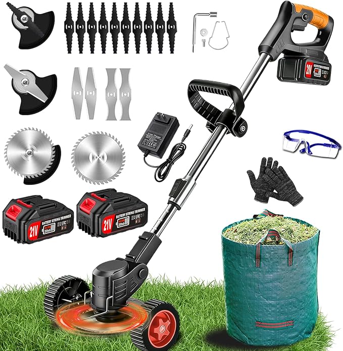 Cordless Weed Wacker Eater Battery Powered Electric Weed Trimmer with 2 21V/2.0Ah Battery Operated & Weed Storage Bag, No-String Grass Trimmer 4 Types Blades for Garden Yard