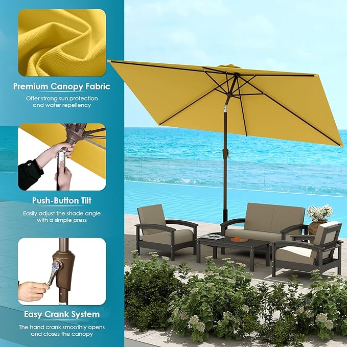 GREENVINES 6.5X10 FT Rectangular-Patio-Umbrella | Outdoor-Table-Umbrellas | 6 Sturdy Steel Ribs | Push Button Tilt & Crank | Waterproof | Market Umbrella | for Pool Backyard Garden Deck | Yellow