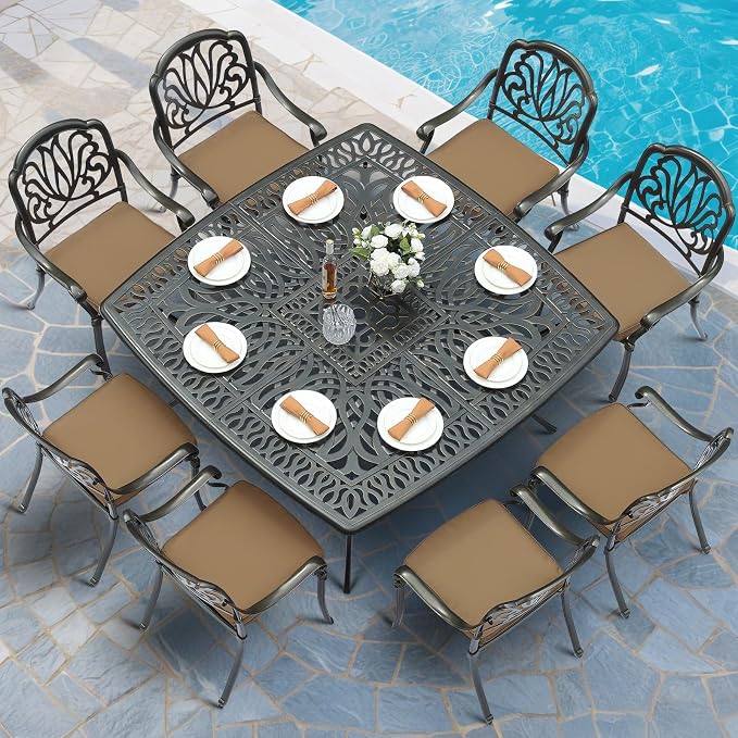 MEETWARM 9-Piece Outdoor Furniture Dining Set for 8, All Weather Cast Aluminum Patio Dining Set- Large 64" Square Table with Umbrella Hole and 8 Cushioned Chairs, Patio Table and Chairs Set, Khaki