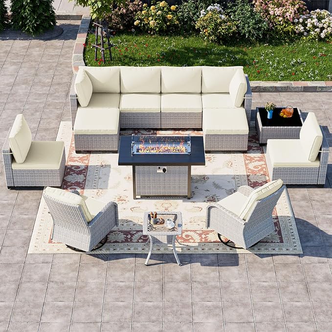 13-Piece Patio Furniture Set, Outdoor Patio Furniture with Swivel Chairs Set, Ottomans, 55,000 BTU Fire Pit Table, Modular Patio Sofa, Dual-Strand Wicker Rattan, Rust-Resistant Frame, Ivory