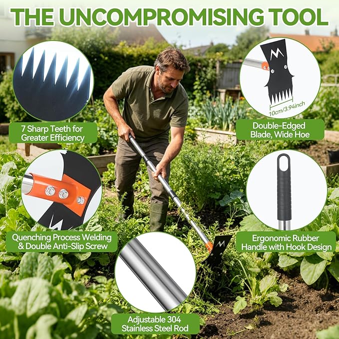 Weed Puller Tool with Long Handle, 60" Stand Up Manual Weed Remover Tool, 7-Tine Heavy Duty 2-in-1 Weed Rake & Grabber and Garden Hoe, Uprooting Weeding Pull Tool for Yard Lawn Patio Garden Flower Bed