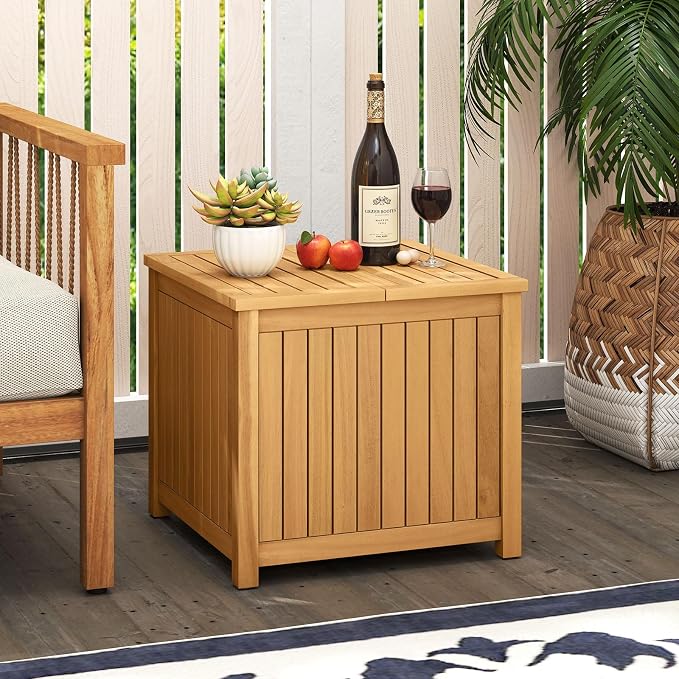 Tangkula 2-in-1 Outdoor Side Table with Storage, Acacia Wood Slatted Coffee Table with Umbrella Hole & Removable Base, Square Slatted End Storage Box for Backyard, Poolside