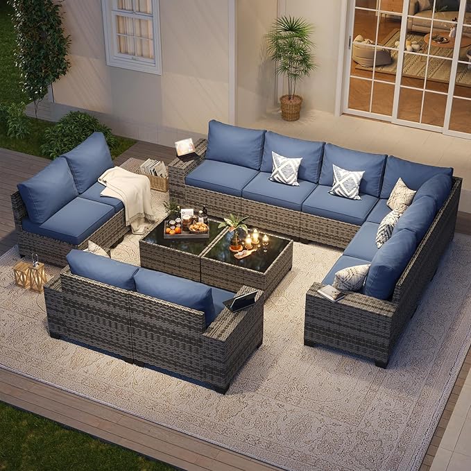 Aoxun Patio Furniture Set, 12 Pcs Outdoor Patio Furniture Sets with 4 in Thicken Cushion, Widen Armrests Wicker Outdoor Sectional for Backyard (Waterproof Cover Include)