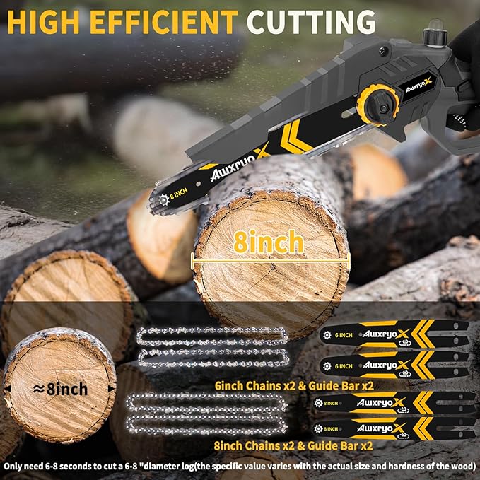 AwxryoX 8" & 6" Mini Chainsaw Brushless, 2026 Upgraded 2x4.0AH Battery Portable Handheld Small Cordless Saw with 4 x Guide Plate, Electric Hand Saw Motosierra for Wood/Tree Cutting Gardening Pruning