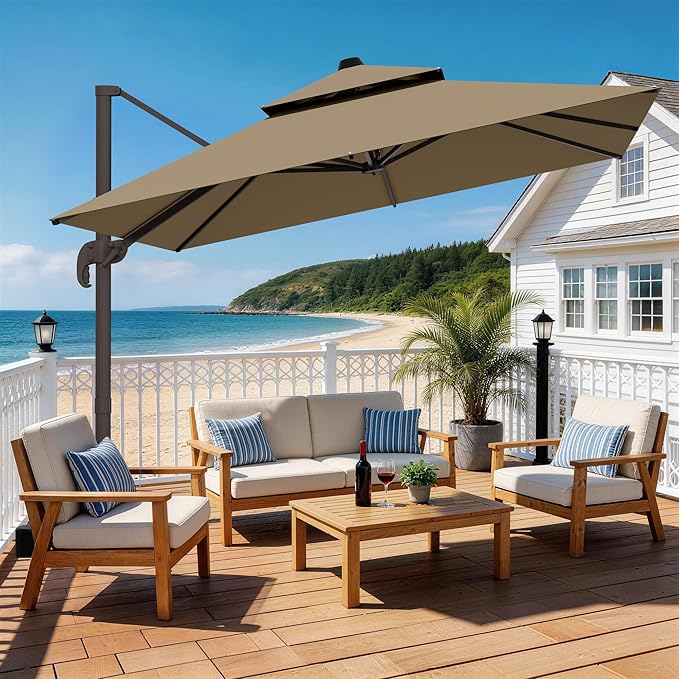 HASLE OUTFITTERS 10x10 FT Patio Cantilever Umbrella, Outdoor Offset Large Square Heavy Duty Double Top Umbrellas with 360° Rotation for Pool Garden Deck，Tan