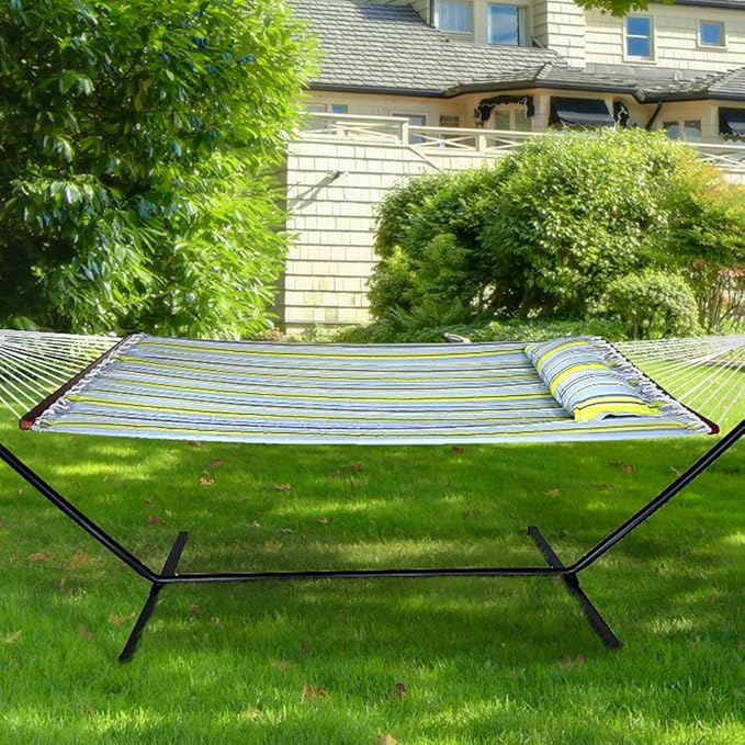 Sorbus 2-Person Stylish Hammock with Stand- 53" Large Cotton Outdoor Hammock- Spreadedbars & Pillow Included- Heavy Duty 450lbs Portable Hammock for Garden Patio Outdoor Camping- Comfortable, Washable