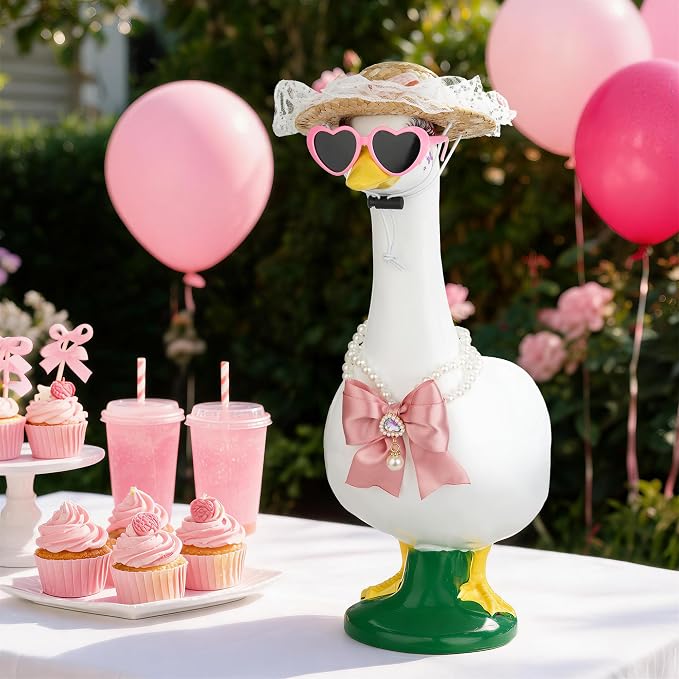 Porch Goose Statue 8pc Accessory Combination Set, Pink Goose Accessories Kit with Glasses Bow Hat Necklace Stickers for 23 Inch Goose, Cute Girl Style Yard Decor (Pink Girl 8PC)