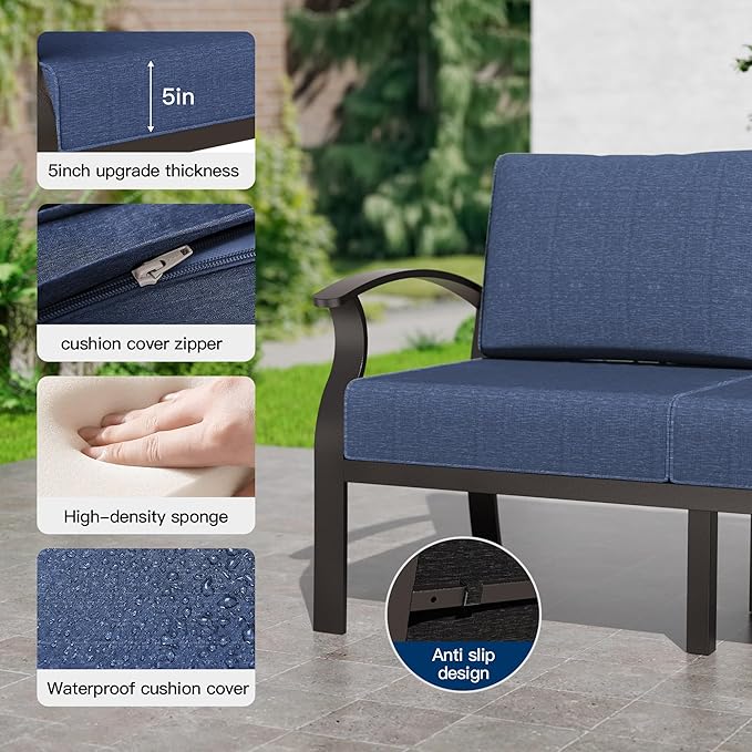 Kullavik Aluminum Patio Furniture Set,7 Pieces 7 Seat Metal Outdoor Furniture Conversation Set w/45 Propane Gas Fire Pit,Swivel Rocking Chairs Set,Navy Blue
