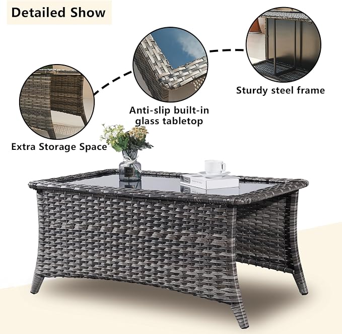 Rilyson 6 Piece Outdoor Patio Furniture Set - Rattan Wicker Patio Conversation Sets with 2 Swivel Rocker Chairs,2 Ottomans,1 Loveseat and 1 Coffee Table for Outside Porch Deck Yard(Mixed Grey/Blue)