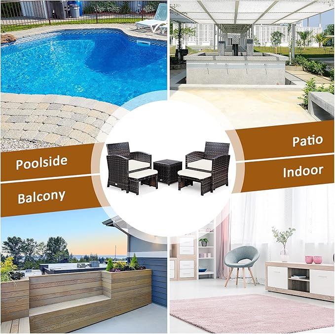 Tangkula 5 Pieces Wicker Patio Conversation Set, PE Rattan Outdoor Chairs & Ottomans Set with Single-Door Storage Coffee Table, Space-Saving Patio Furniture for Poolside, Backyard, Lawn, Deck (White)