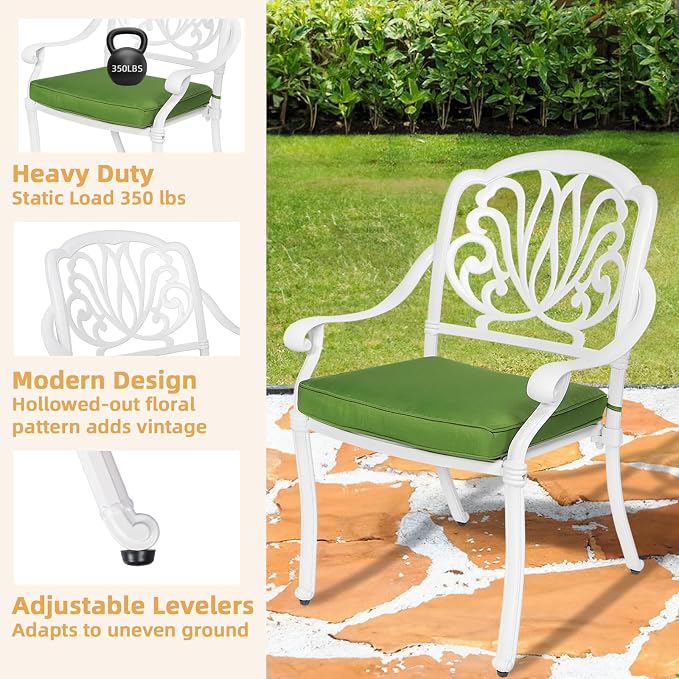 5-Piece Outdoor Patio Dining Set, All-Weather Cast Aluminum Patio Furniture Set for Backyard Garden Deck with 4 Chairs, 4 Cushions and 35.4” Square Table, 2.2" Umbrella Hole, White