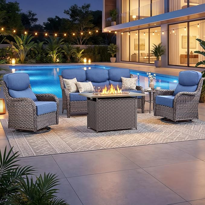 Luxury Patio Furniture Set with 6-inch Thick Cushion, Outdoor Furniture with Fire Pit Table, Swivel Chairs, Side Table, Sofa, 5pcs Wicker Conversation Set for Deck Yard and Poolside(Blue)