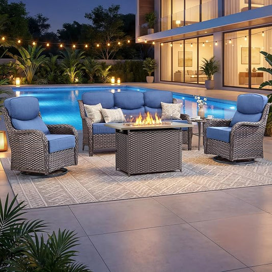 Luxury Patio Furniture Set with 6-inch Thick Cushion, Outdoor Furniture with Fire Pit Table, Swivel Chairs, Side Table, Sofa, 5pcs Wicker Conversation Set for Deck Yard(Brown Wicker/Blue Cushion)