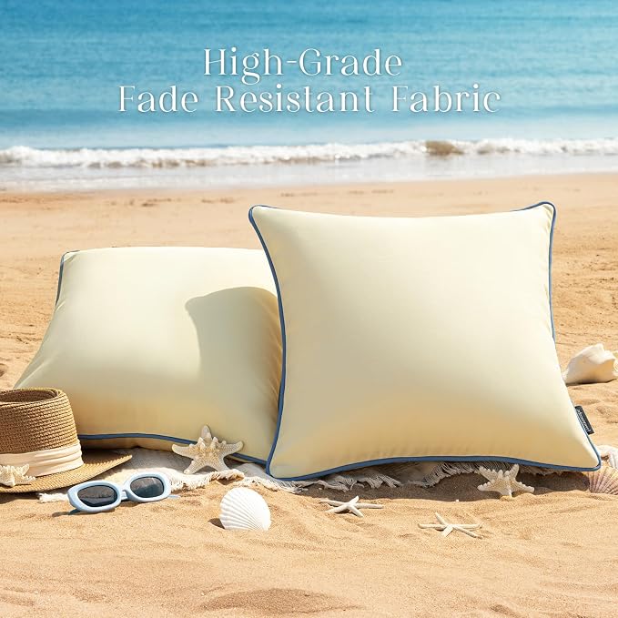 Phantoscope Pack of 2 Outdoor Waterproof Throw Pillow Covers with Contrast Piping, Decorative Square Cushion Case Patio Pillows for Couch Tent, Light Beige 20x20 inches