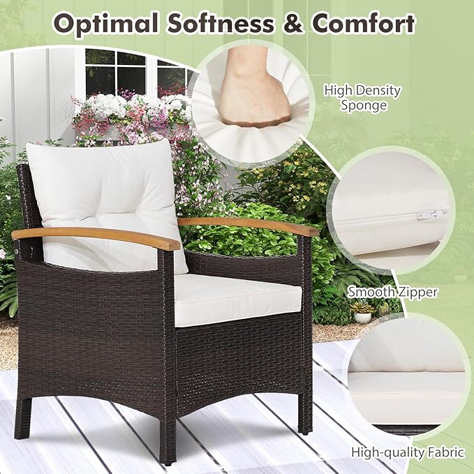 KOTEK 3 Piece Patio Furniture Set, Outdoor Conversation Set with Removable Cushions, Acacia Wood Tabletop and Armrests, PE Rattan Wicker Bistro Set for Porch, Balcony, Backyard (White), Onesize