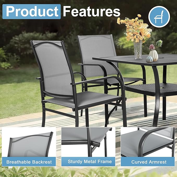 Crownland 5 Piece Patio Dining Set, Outdoor Textilene Dining Sets, 4 Textilene Metal Chairs and Square Outdoor Dining Table with Dark Blue 9FT Round Outdoor Umbrella (Grey)