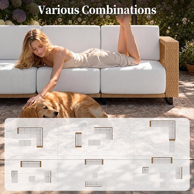 LazySunsets Patio Furniture Set, Wicker Outdoor Sectional Sofa with 10'' Ultra-Thick Cushions & Ottomans, All-Weather Rattan Conversation Set for Backyard Poolside, Yellow/Beige 8 Pieces