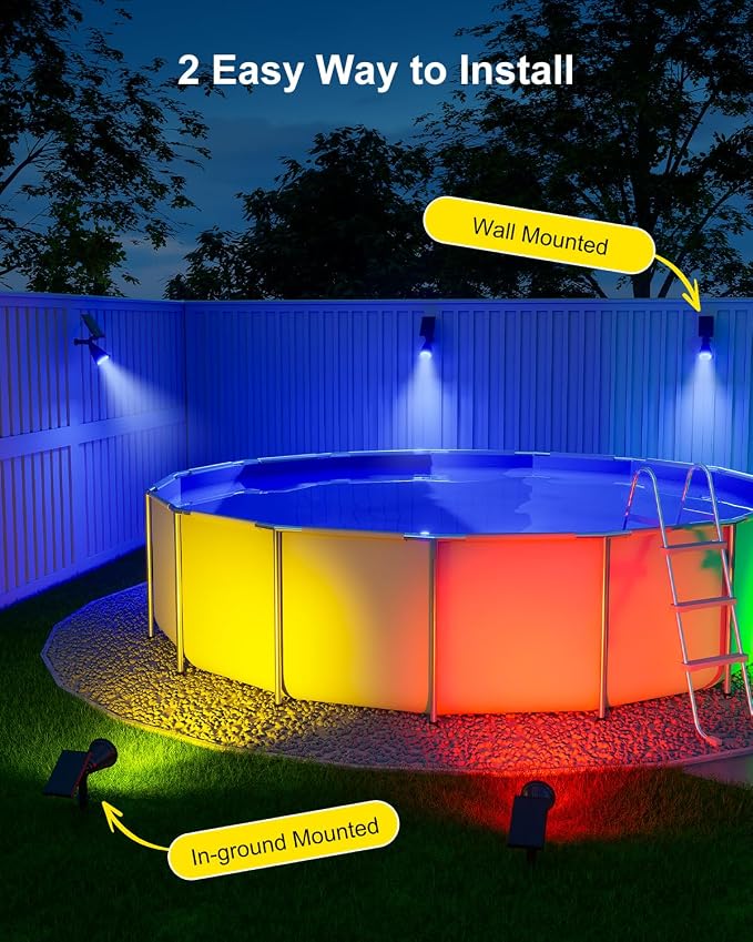 Color Changing Solar Spotlights Outdoor for Tree, Flower, Plant, Statue, Decorations, Wall, Waterproof Rainbow Lanscape Spot Lights for House Outside, Yard, Garden, Patio, 8 Coloful Uplighting Modes