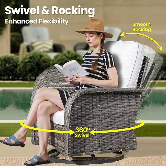 ovios 3-Piece Patio Furniture Set, Outdoor Wicker Sofa with Swivel Chairs, High Back Rattan Gliders Rocker with Comfy Cushions for Porch Yard Deck, Grey