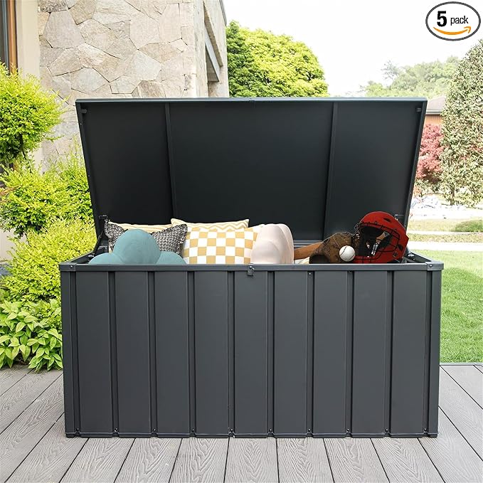 150 Gallon Outdoor Storage Box, Waterproof Steel Deck Box, Large Patio Storage Bin for Outside Cushions, Throw Pillows, Garden Tools, Lockable Storage Container, Dark Grey