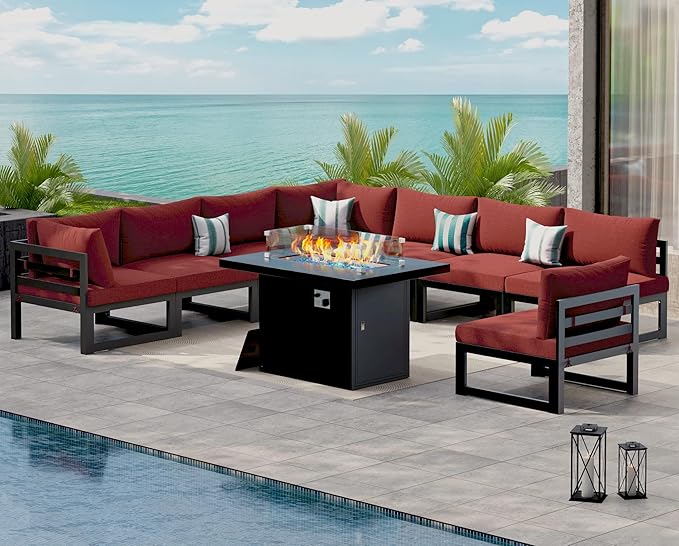 NICESOUL 9 Pcs Modern Aluminum Outdoor Patio Furniture Set with Fire Pit Table Propane/Gas, 29" Wide Deep Seat, Fade Resistant Large Sectional Sofa, 500 lbs Heavy Duty Backyard Conversation Set, Red