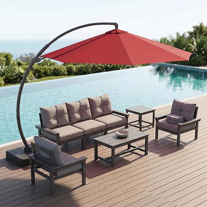 12 FT Cantilever Umbrella with Base Included, Large Round 360° Rotation Offset Umbrella Outdoor Patio, Heavy Duty Aluminum Frame, Sand-Weighted Stand, for Deck, Backyard, Pool, Garden (Red)