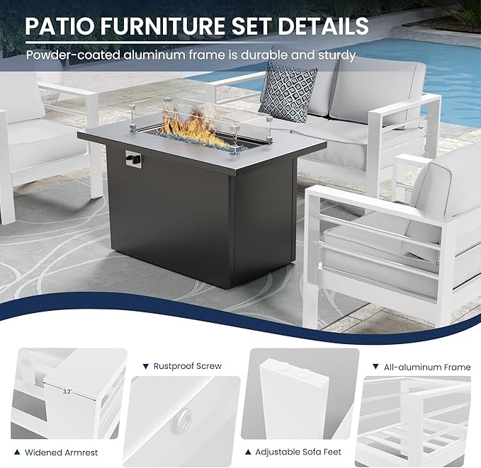 Amopatio Patio Furniture with Fire Pit, 5 Pcs Aluminum Outdoor Sectional Metal Patio Sofa Sets with Aluminum Fire Pit Table for Backyard,White(Included Waterproof Covers)