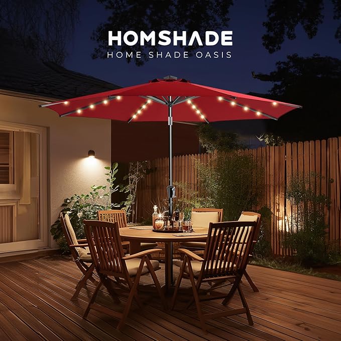HOMSHADE 9ft Solar Patio Umbrella - Solar Lights LED Lighted Outdoor Market Table Umbrella, UPF50+ UV Protection with Push Button Tilt, Crank for Pool Deck and Garden (Burgundy Red)