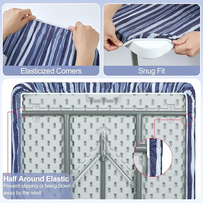 Picnic Table Cover with Bench Covers Camping Essentials Waterproof Windproof Camping Tablecloth with Drawstring Bag, Fitted Rectangle Tables and Seats, 72in, Navy Blue Stripes