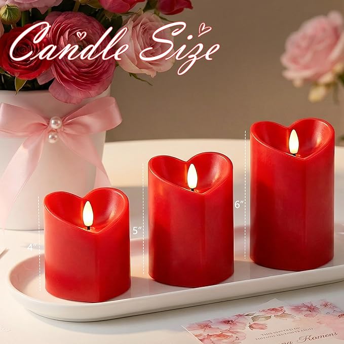 Valentines Day Flameless Candles with Remote, Heart Shaped Candles Battery Operated 3 Pack Red LED Pillar Candles for Wedding Proposal Anniversary Romantic Night