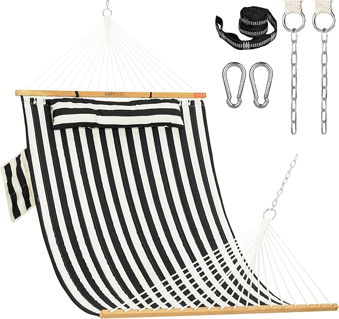 Lazy Daze Hammocks 2 Person Double Quilted Fabric Hammock with Spreader Bar, Detachable Pillow, Side Pocket, Carabiners, Chains, Straps for Outdoor, 450lbs Capacity, Black White Stripes