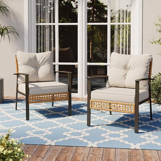 LAUSAINT HOME Outdoor Rattan Bistro Set, Patio Furniture Wicker Chairs Set of 4 with Deep Seating and Thick Cushions, Oversize Conversation Set for Garden, Balcony and Backyard (Beige)