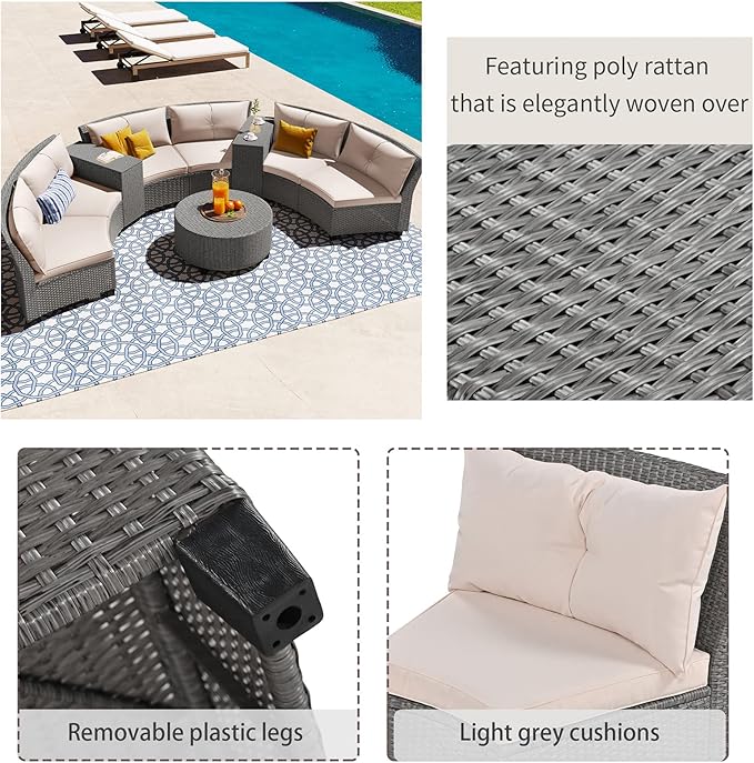 Half-Moon Patio Furniture Sets Outdoor Conversation Set, PE Rattan Sectional Conversation Sofa Set with Thick Cushions and Table for Garden Lawn Pool Backyard, Beige