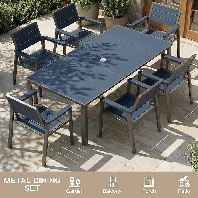Kingdura 7 Piece Patio Dining Set for 6, HDPE & Aluminum Outdoor Table & Chairs with Umbrella Hole, All-Weather Outdoor Furniture Patio Conversation Set for Lawn Pool Backyard, Blue