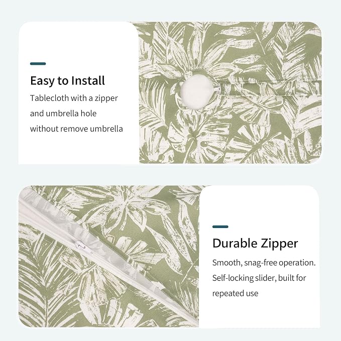 DYTXIII Outdoor Rectangle Tablecloth with Umbrella Hole and Zipper 84" x 60", Water Repellent Floral Picnic Cover, Fade & Wrinkle Resistant Tablecloth for Patio/Garden/Party Table, Tropical Leaf Green