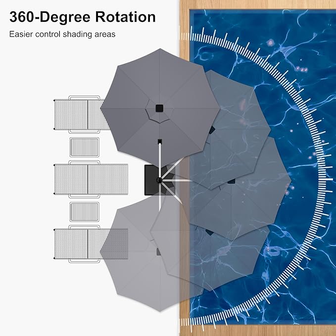 PURPLE LEAF 12ft Patio Umbrella With Base Solar powered LED Cantilever Umbrella with LED lights Windproof Outdoor Offset Umbrella for Garden Deck Pool Patio, Grey