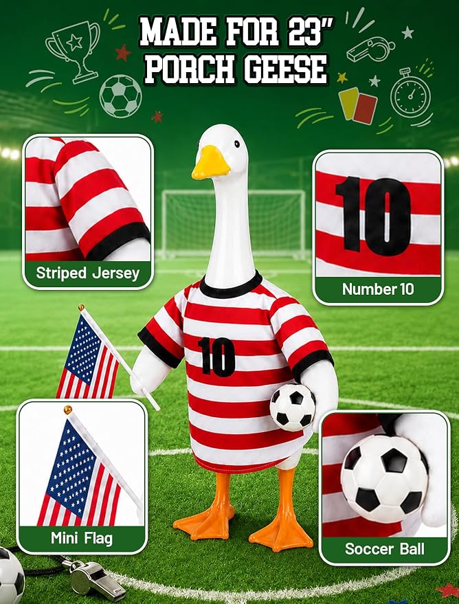 ROSSNY USA Soccer Porch Goose Outfit for 23 in Goose Statue | One-Piece Easy Dress Design, Summer Sports Fan Jersey Goose Clothes, Game Day Decor for Patio Yard Lawn