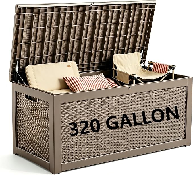 320 Gallon Waterproof Outdoor Storage Box, Lockable Deck Box with Built-In Handle for Patio Seat Cushions, Garden Tools, Pool Accessories, Light Brown