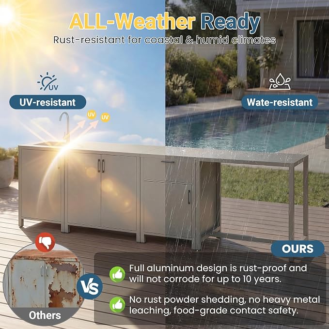Wisteria Lane Outdoor Storage Cabinet with Stainless Steel Sink, Aluminum Modular Outdoor Kitchen, All Weather Kitchen Island with Storage, Drawers & Bar Table for BBQ, Porch, Backyard