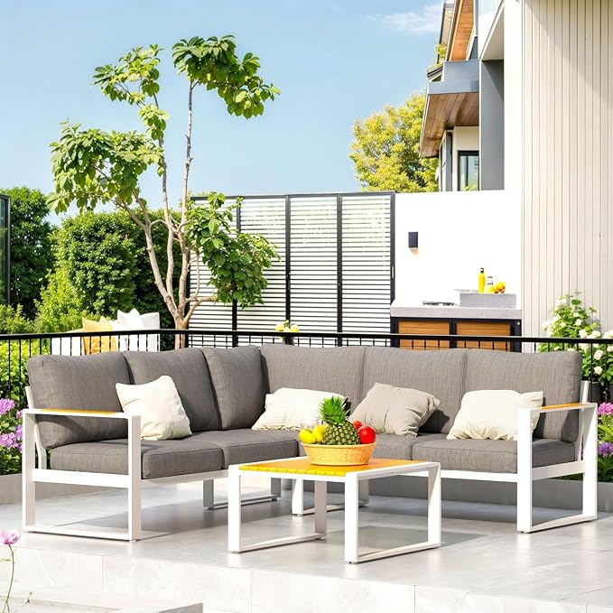 Aluminum Patio Furniture Set, All-Weather Outdoor Couch Sectional, L Shaped Patio Conversation Sets, Metal Corner Sofa with Teak Coffee Table(Cushion: Dark Gray, White Frame)